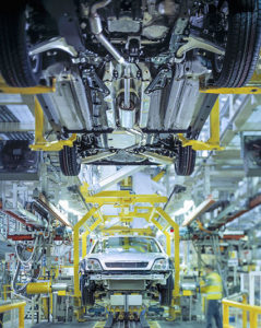 Cars on production line in car factory