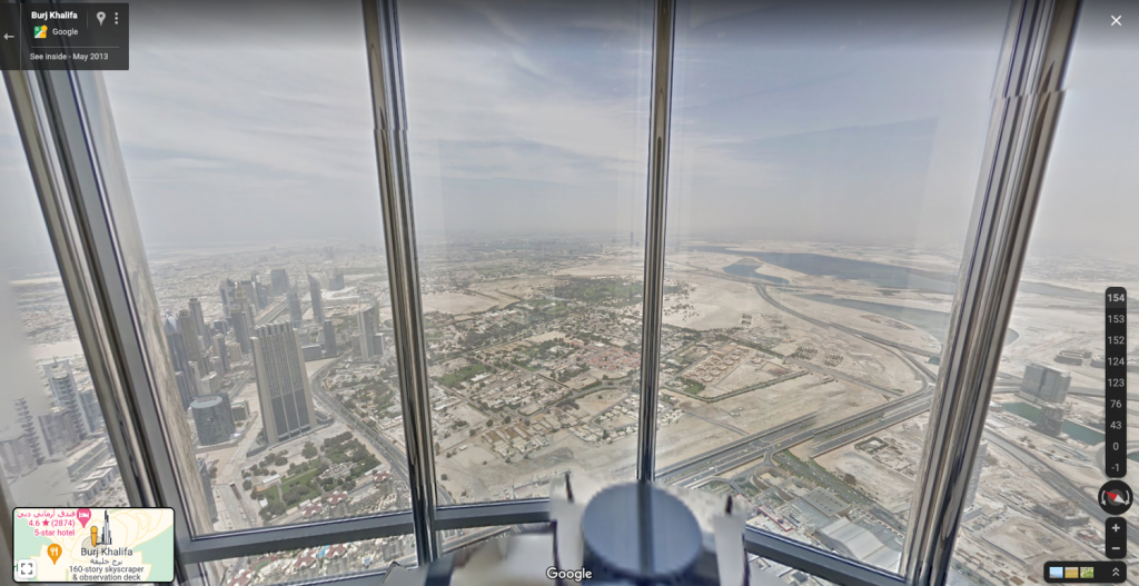 Mittels Street View kann man den Burj Khalifa (Vereinigte Emirate), das höchste Gebäude der Welt, bis zum 154. Stockwerk erkunden.